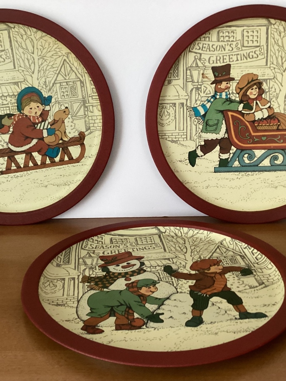 Vintage Metal Tin Christmas Trays Wangs Intl 1989 Lot of 3